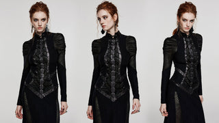 Model wearing a structured black Gothic blouse with high neck, puffed shoulders, and intricate panel detailing, styled for a professional Corporate Goth look.