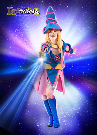 Woman in colorful magician cosplay costume casting a glowing energy spell in a cosmic background