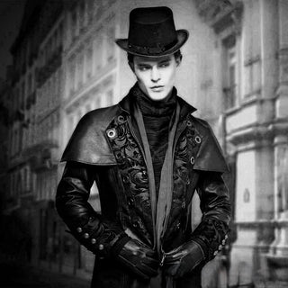 Man in Victorian coat with embroidered panels and top hat in a historical city backdrop