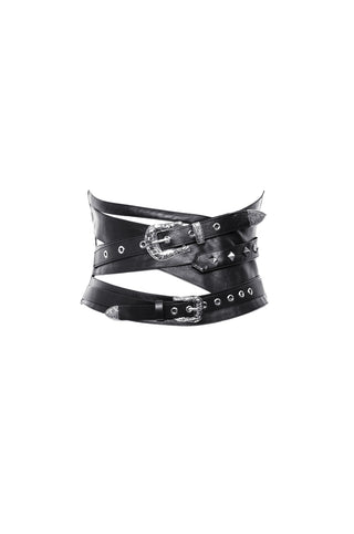 Dark in Love CW072 black Gothic waist belt with silver buckles and stud detailing, displayed on a white background