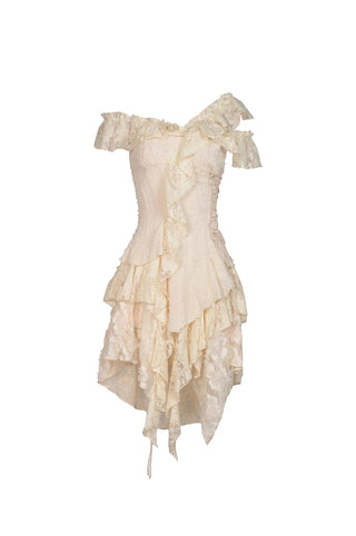 Cream lace off-shoulder vintage dress with ruffled layers and asymmetrical hem, displayed on white background