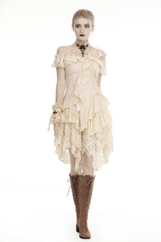 Model wearing vintage cream off-shoulder lace steampunk dress with layered ruffles and asymmetrical hem, styled with Victorian lace-up brown boots and Gothic choker necklace