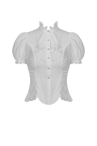 White victorian blouse with puff sleeves, ruched sides, high collar, and lace embroidery – front view on white background.