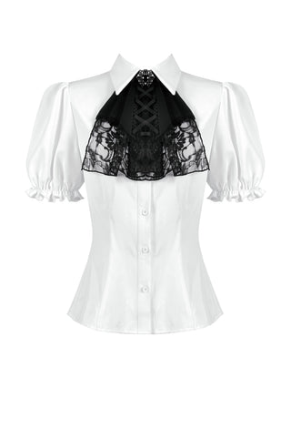 Dark in love iw129 White puff-sleeve blouse with black lace cravat and jewel brooch, front view on white background