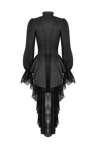 Back view of black Gothic lace women’s tailcoat with corset lace-up back, peplum waist, and long high-low lace train
