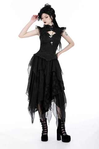 Dark in Love KW338 Model wearing Dark Fae Skirt in full front pose with layered asymmetrical hem