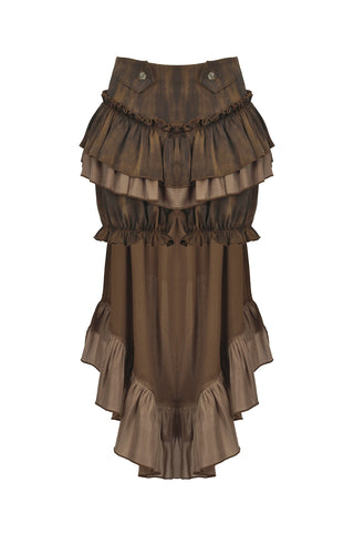 Dark in love pw137 brown Steampunk high-low tiered tail skirt with ruffles on white background