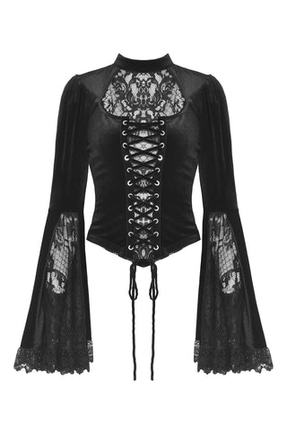 Black velvet corset-style lace blouse with bell sleeves and front lacing – Dark in Love TW539