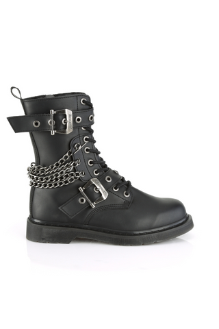 Side view of Demonia Bolt-250 mid-calf combat boot with silver chains and buckle straps, black vegan leather on white background