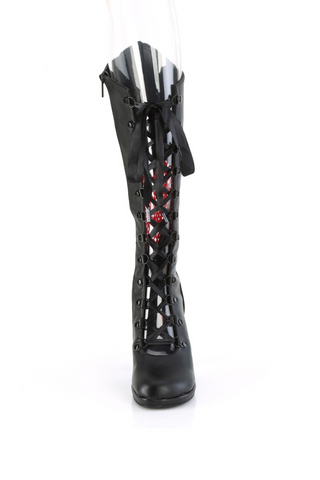 Front view of Demonia Glam-243 black knee-high lace-up boot with stiletto heel, featuring crisscross laces revealing a red sequined heart patch underneath
