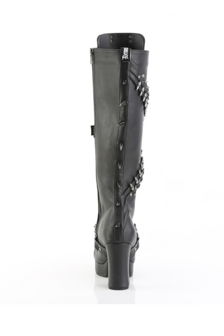Demonia Gothika-108 black knee-high platform boot, back view with vertical spine-like heel spikes and wraparound bullet-strap detail