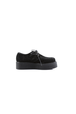 Side view of demonia v-creeper-502s black vegan suede creeper shoe with thick ribbed sole on a white background.