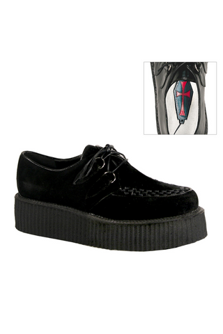 Demonia v-creeper-502s black vegan suede creeper shoe with woven vamp detail and thick ribbed sole, shown on white background with inset of red cross insole design.