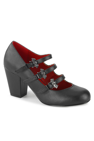 Demonia vivika-38 black block heel Mary Jane shoe with triple bat buckle straps and red lining, photographed on a white background.