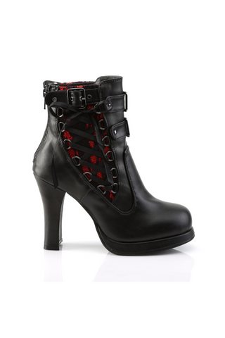 Side view of Demonia Crypto-51 black ankle boot featuring black crisscross lacing, red lace underlay, double buckle straps, and curved high heel
