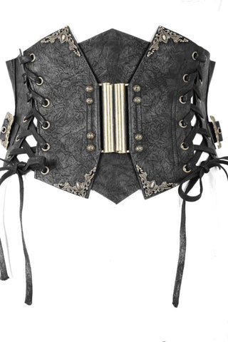 Flat lay of Devil Fashion AS045 Steampunk waist cincher showing bronze front clasp, black faux leather, and side lacing with scroll corner detailing.
