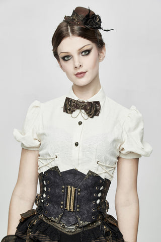 Model wearing Devil Fashion AS045 Steampunk waist cincher with bronze clasp, black faux leather panels, and a white puff-sleeve blouse on a plain background.