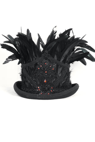 Men’s Gothic black wool felt top hat with black feathers, beaded embroidery, and red rhinestones – Crown of the Raven King by Devil Fashion.