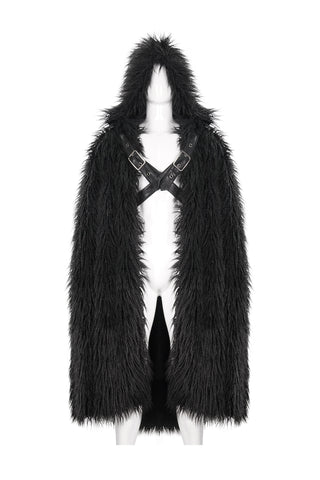 Black faux-fur hooded cloak with leather cross harness displayed on a white mannequin, front view on white background.