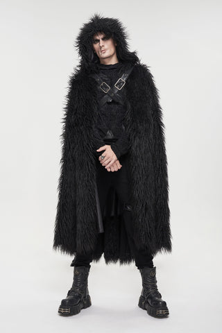 Man wearing Devil Fashion CA032 long black faux fur cloak with hood and harness.
