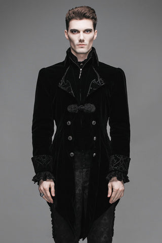 Model wearing Devil Fashion CT02201 black Gothic velvet tailcoat with brocade cuffs and silver buttons