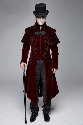 Man wearing devil fashion ct13402 a long dark red velvet Victorian-style coat with ornate black embroidery, paired with a black top hat, black trousers, and holding a black cane, standing on a light gray background.