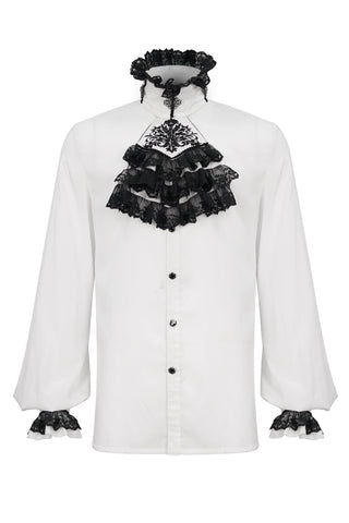 White Gothic men’s shirt with black lace jabot and embroidery, displayed flat on white background