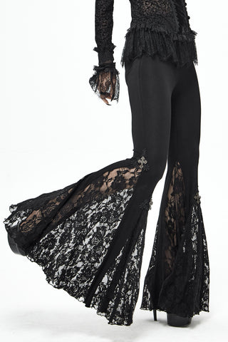 Devil Fashion PT050 Gothic black flare pants with flowing sheer lace side panels and embroidered cross appliqué, slim fit thigh with dramatic bell-bottom silhouette.