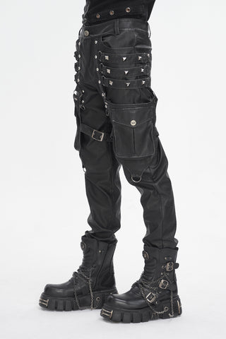 Devil Fashion PT24401 black faux leather Gothic pants with studs, buckles, and side cargo pocket