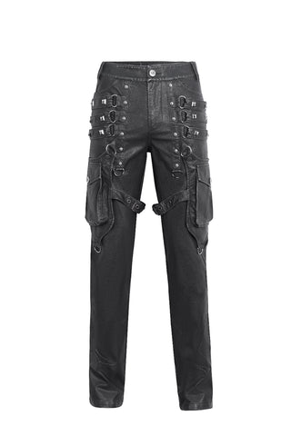 Front view of Devil Fashion PT24401 black faux leather Gothic pants with pyramid studs, buckles, and cargo pockets on white background