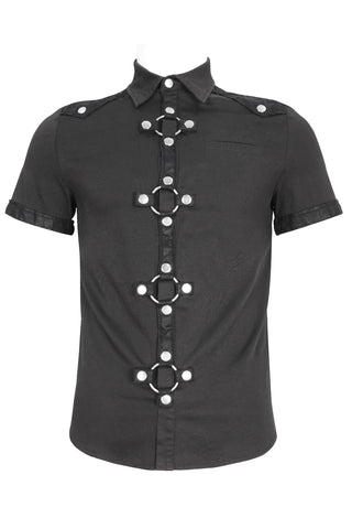 Black short-sleeve shirt with faux leather trim and metal O-ring details, displayed on a mannequin against a white background.