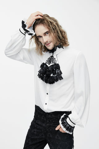 Male model wearing Devil Fashion Sht02302 white Gothic shirt with black lace jabot and poet sleeves