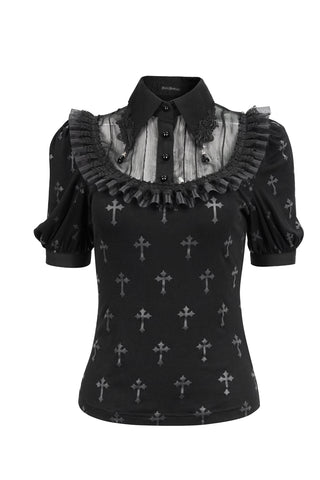 Front view of Devil Fashion TT22201 Gothic Lolita black top with grey cross print, sheer chiffon panel, ruffled neckline, and puff sleeves.