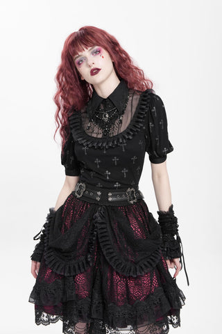 Model wearing Devil Fashion TT22201 Gothic Lolita black top with grey cross print, sheer ruffled neckline, puff sleeves, styled with layered black lace and red skirt.