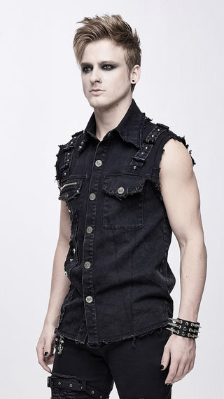 Devil Fashion WT045 black sleeveless denim vest angled view