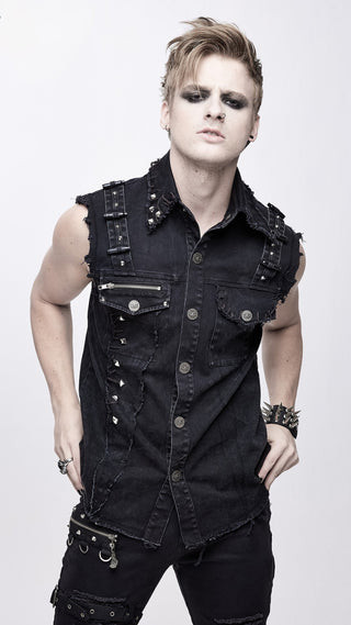 Devil Fashion WT045 black sleeveless denim vest front pose