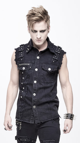 Devil Fashion WT045 black sleeveless denim vest with metal buckle straps