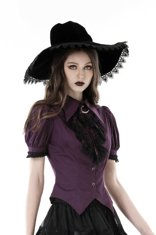 Model wearing Dark in Love IW099 Purple Moon Witch Blouse with puff sleeves, crescent moon collar charm, and black lace frill detail.