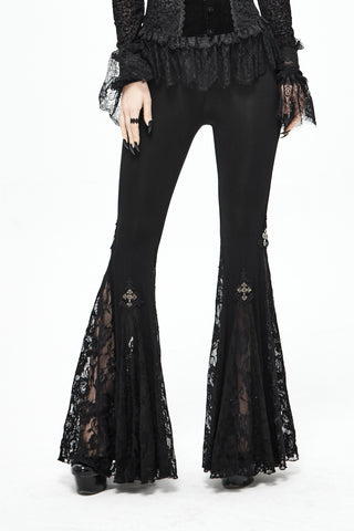 Devil Fashion PT050 Gothic black flare pants with sheer lace panels and embroidered cross appliqué details, slim fit through thigh and dramatic lace bell-bottom silhouette.