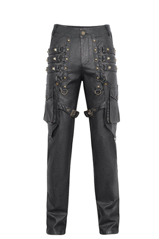 Front view of men's Steampunk brown faux leather pants with pyramid studs, D-rings, and thigh buckles by Devil Fashion