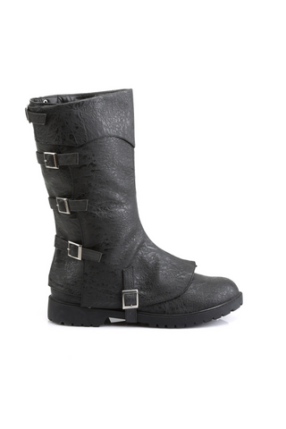 Side view of black Funtasma Gotham-105 boots with detachable shaft, silver-tone buckles, and textured vegan leather finish.