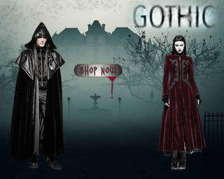 Man and woman in dark Gothic clothing in front of a haunted mansion with mist, bare trees, and a “Shop Now” sign under the word “GOTHIC