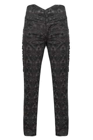 Front product view of men’s Gothic slim-fit trousers in black brocade fabric with high waist and decorative lace-up side detailing.