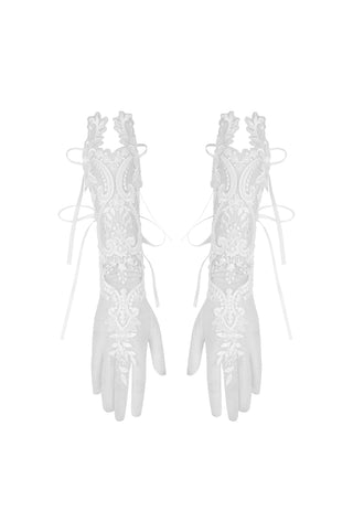 White lace-up fingerless bridal gloves with embroidered mesh and scalloped edge