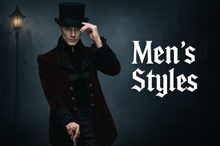 Victorian Gothic man in top hat and velvet coat with cane, standing under a streetlamp beside “Men’s Styles” text