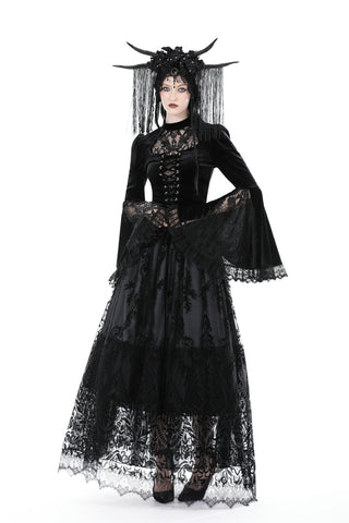 Model wearing black lace-up velvet blouse with flared lace sleeves, showing front, back, and sleeve details – Dark in Love TW539 video