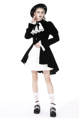 Model wearing Dark in Love JW234 black velvet Gothic Lolita jacket with lace jabot, showing front, side views.
