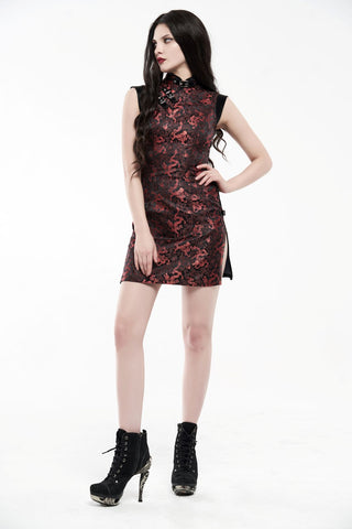 Model wearing punk rave wq-482 a red and black dragon brocade mini dress walks and poses to show movement, front and back views, and close-up details including the high collar, faux leather buckle accents, and fitted silhouette.