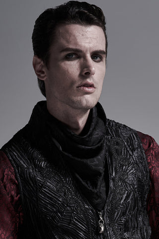 Male model wearing the Punk Rave WS-424 black Gothic neckerchief with brocade texture, styled over a black vest and red patterned shirt.
