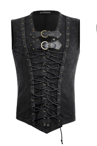 Front view of the Punk Rave T-421 black sleeveless top featuring full lace-up front and double buckle chest straps.